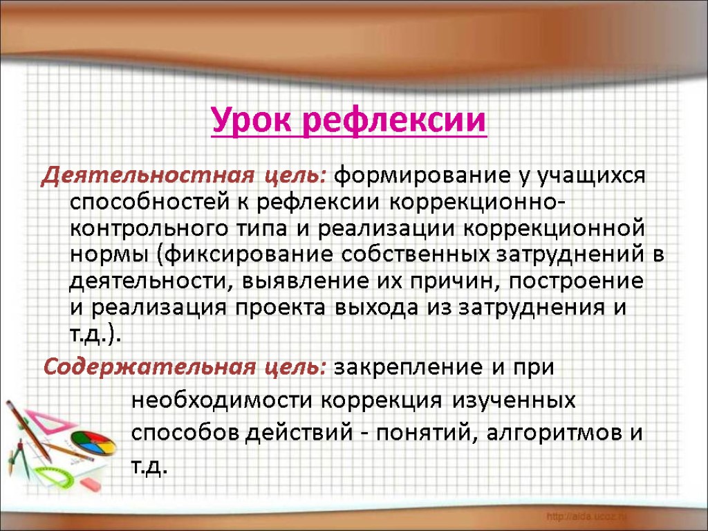 Урок рефлексии Деятельностная цель: формирование у учащихся способностей к рефлексии коррекционно-контрольного типа и реализации